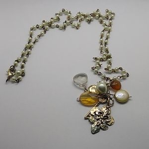 Faux pearls dangle charm beaded necklace